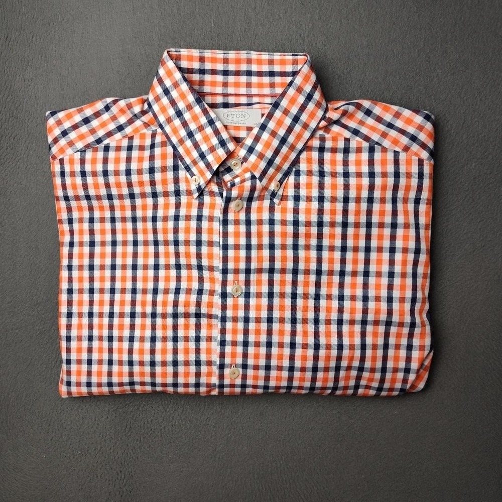 Eton Shirt Mens 16 41 Orange Blue Gingham Button Down Long Sleeve Contemporary